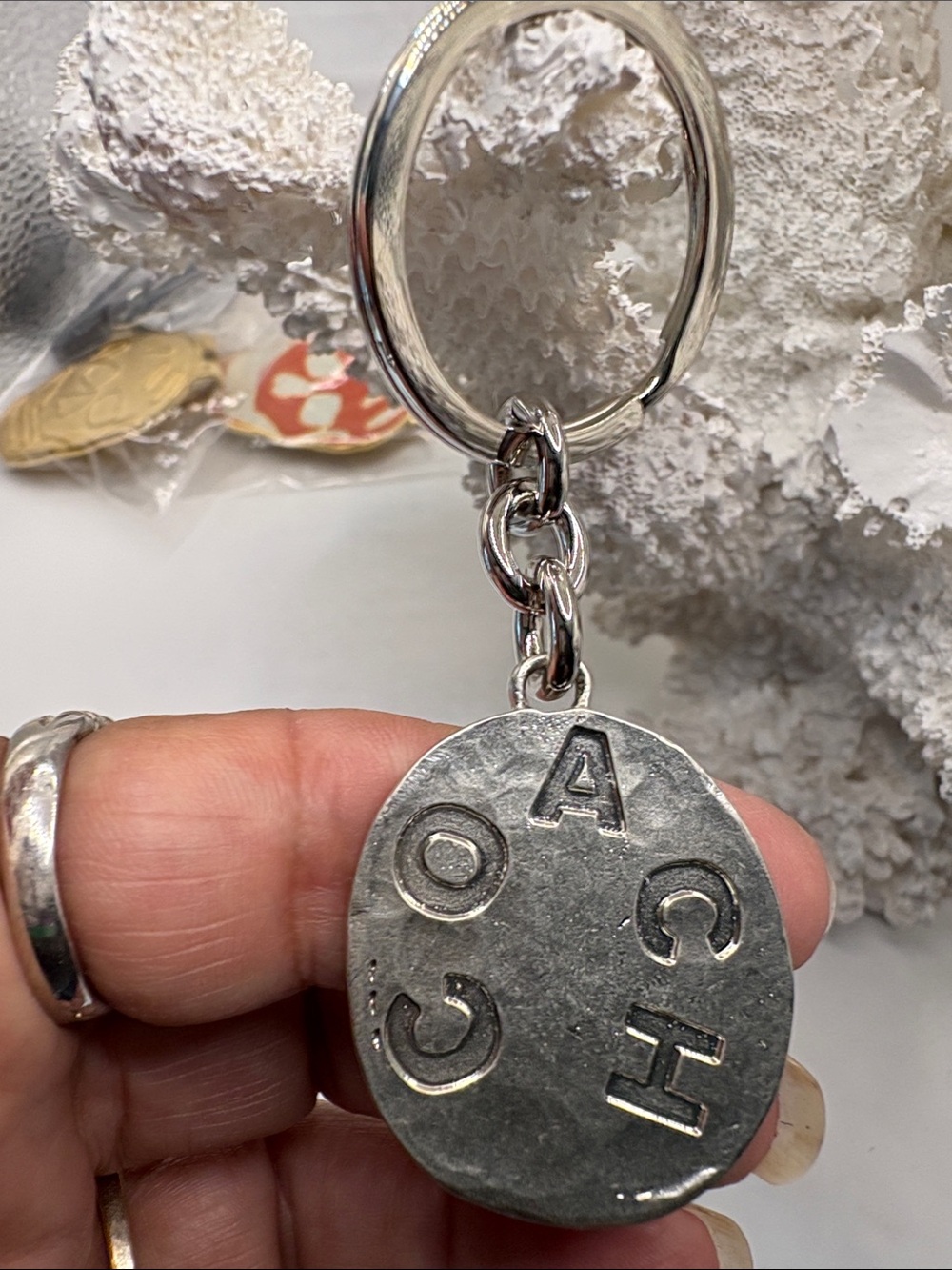 Coach Silver-Tone Coin Oval Logo Keyring